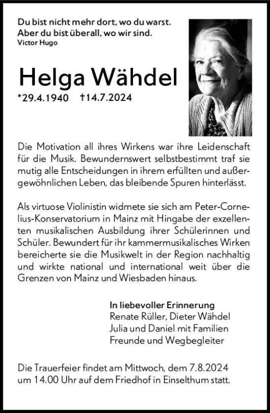 Traueranzeige von Helga Wähdel von Allgemeine Zeitung Mainz