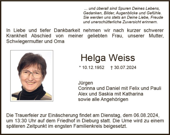 Traueranzeige von Helga Weiss von Dieburger Anzeiger/Groß-Zimmerner Lokal-Anzeiger