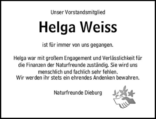 Traueranzeige von Helga Weiss von Dieburger Anzeiger/Groß-Zimmerner Lokal-Anzeiger