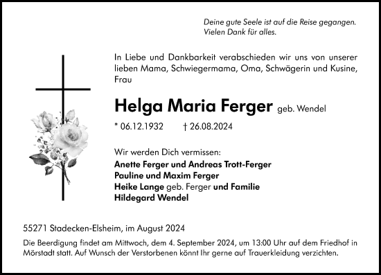 Traueranzeige von Helga Maria Ferger von Wormser Zeitung