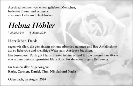 Traueranzeige von Helma Höhler von Weilburger Tageblatt