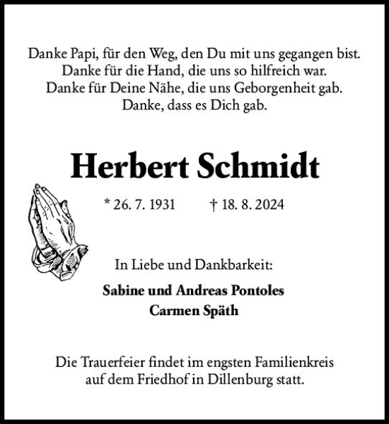 Traueranzeige von Herbert Schmidt von Wetzlarer Neue Zeitung