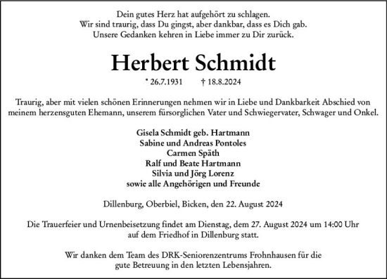 Traueranzeige von Herbert Schmidt von Dill Block