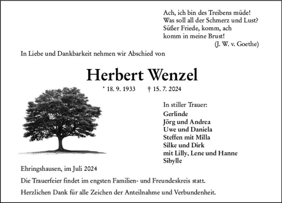Traueranzeige von Herbert Wenzel von Wetzlarer Neue Zeitung