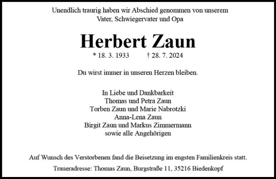 Traueranzeige von Herbert Zaun von Hinterländer Anzeiger