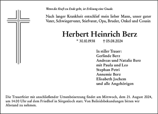 Traueranzeige von Herbert Heinrich Berz von Allgemeine Zeitung Mainz