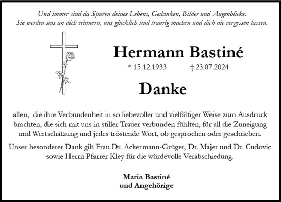 Traueranzeige von Hermann Bastiné von Allgemeine Zeitung Rheinhessen-Nahe
