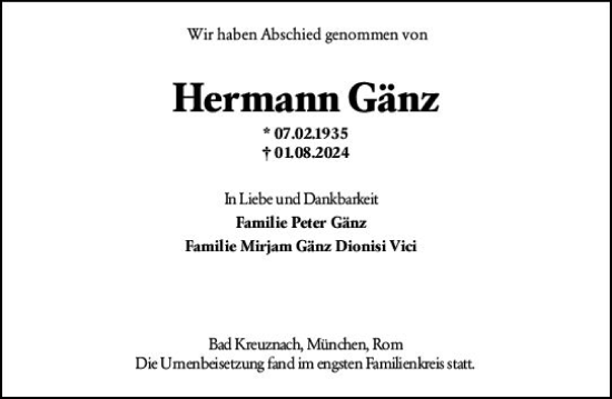 Traueranzeige von Hermann Gänz von Allgemeine Zeitung Rheinhessen-Nahe