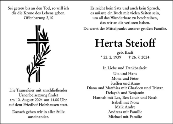 Traueranzeige von Herta Steioff von Hinterländer Anzeiger