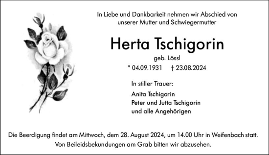 Traueranzeige von Herta Tschigorin von Hinterländer Anzeiger