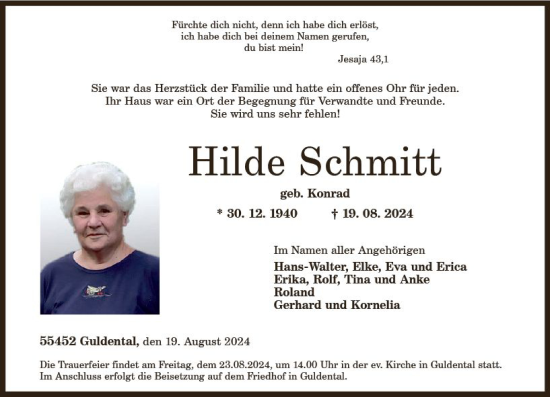 Traueranzeige von Hilde Schmitt von Allgemeine Zeitung Rheinhessen-Nahe