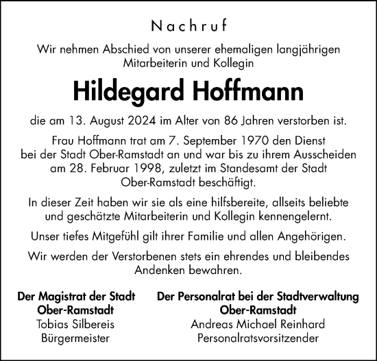 Traueranzeige von Hildegard Hoffmann von Darmstädter Echo