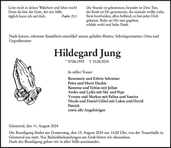 Traueranzeige von Hildegard Jung von Hinterländer Anzeiger