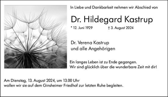 Traueranzeige von Hildegard Kostrup von Allgemeine Zeitung Mainz
