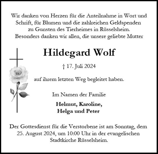 Traueranzeige von Hildegard Wolf von Rüsselsheimer Echo