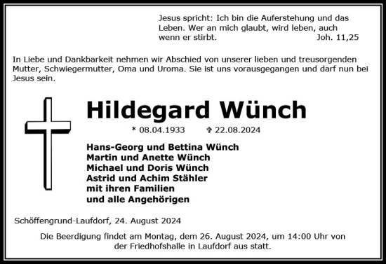 Traueranzeige von Hildegard Wünch von Wetzlarer Neue Zeitung