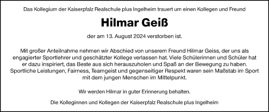 Traueranzeige von Hilmar Geiß von Allgemeine Zeitung Mainz