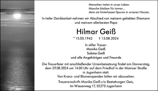 Traueranzeige von Hilmar Geiß von Allgemeine Zeitung Rheinhessen-Nahe