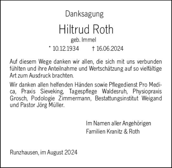 Traueranzeige von Hiltrud Roth von Hinterländer Anzeiger