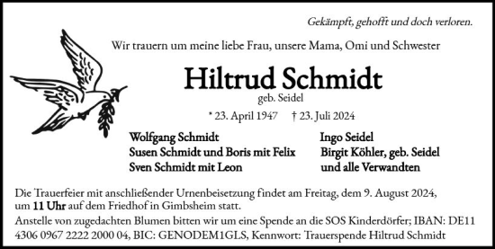 Traueranzeige von Hiltrud Schmidt von Wormser Zeitung