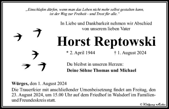 Traueranzeige von Horst Reptowski von Camberger Anzeiger
