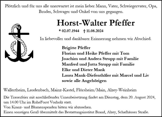 Traueranzeige von Horst-Walter Pfeffer von Allgemeine Zeitung Alzey