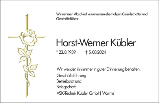 Traueranzeige von Horst-Werner Kübler von Wormser Zeitung