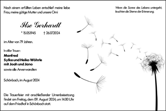 Traueranzeige von Ilse Gerhardt von Dill Block