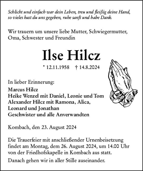 Traueranzeige von Ilse Hilcz von Hinterländer Anzeiger