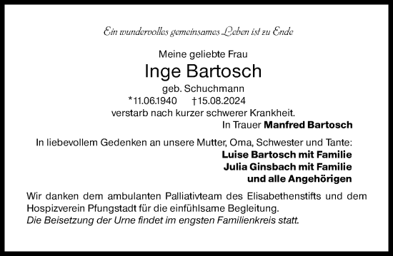 Traueranzeige von Inge Bartosch von Darmstädter Echo