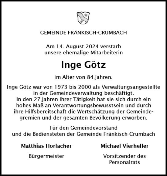 Traueranzeige von Inge Götz von Odenwälder Echo