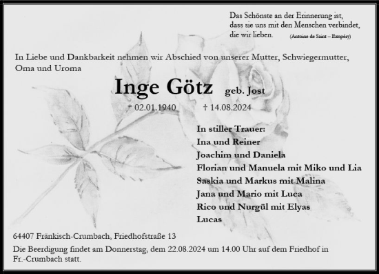 Traueranzeige von Inge Götz von Odenwälder Echo