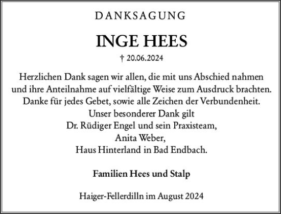 Traueranzeige von Inge Hess von Dill Block