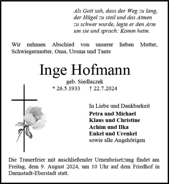 Traueranzeige von Inge Hofmann von Darmstädter Echo