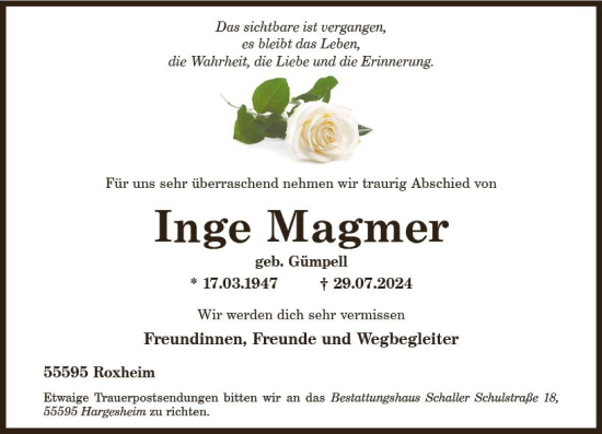 Traueranzeige von Inge Magmer von Allgemeine Zeitung Mainz
