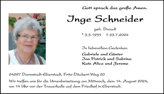 Traueranzeige von Inge Schneider von Darmstädter Echo