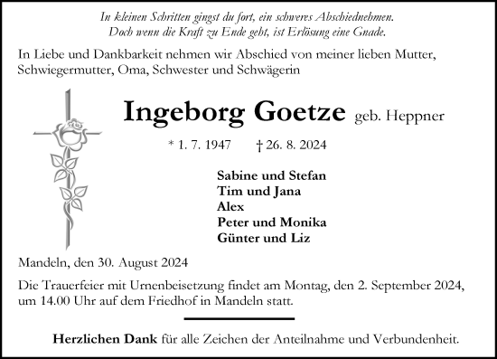 Traueranzeige von Ingeborg Goetze von Dill Block