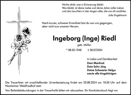 Traueranzeige von Ingeborg Riedl von Rüsselsheimer Echo