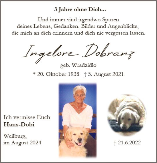 Traueranzeige von Ingelore Dobranz von Weilburger Tageblatt