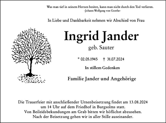 Traueranzeige von Ingrid Jander von Wetzlarer Neue Zeitung