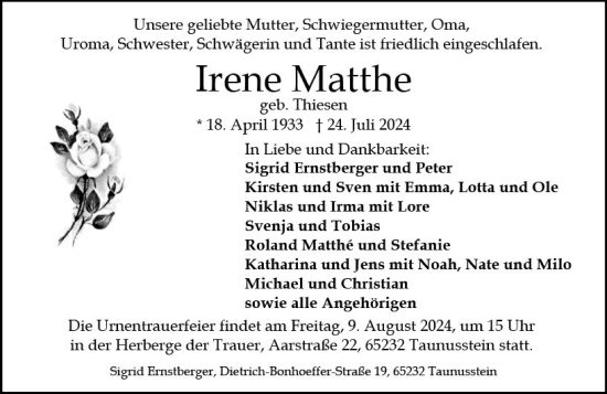 Traueranzeige von Irene Mathe von Wiesbadener Kurier