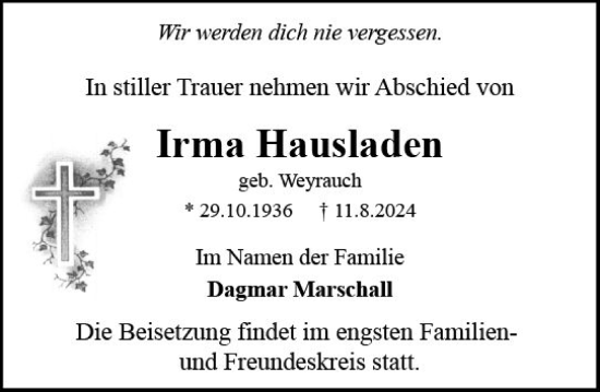 Traueranzeige von Irma Hausladen von Allgemeine Zeitung Mainz
