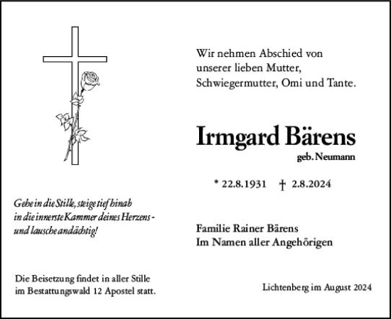 Traueranzeige von Irmgard Bärens von Darmstädter Echo