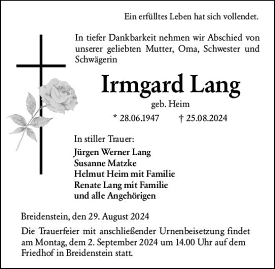 Traueranzeige von Irmgard Lang von Hinterländer Anzeiger