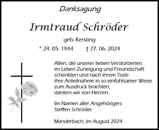 Traueranzeige von Irmtraud Schröder von Dill Block