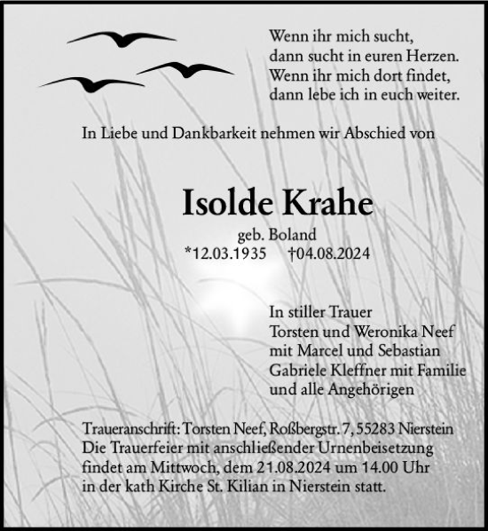 Traueranzeige von Isolde Krahe von Allgemeine Zeitung Mainz