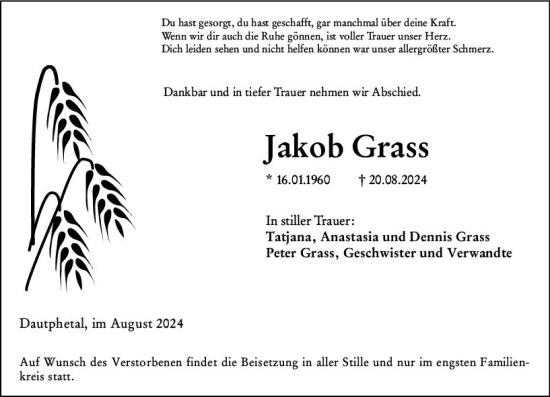 Traueranzeige von Jakob Grass von Hinterländer Anzeiger