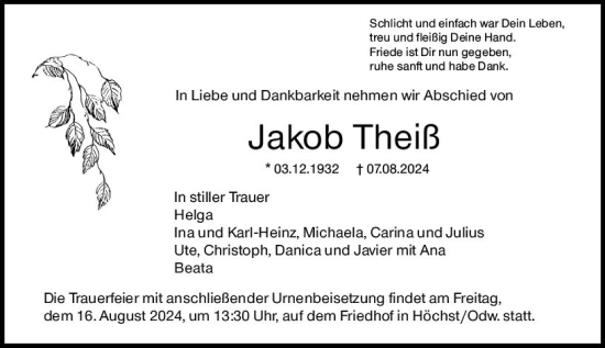 Traueranzeige von Jakob Theiß von Odenwälder Echo