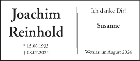 Traueranzeige von Joachim Reinhold von Wetzlarer Neue Zeitung