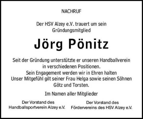 Traueranzeige von Jörg Pönitz von Allgemeine Zeitung Alzey